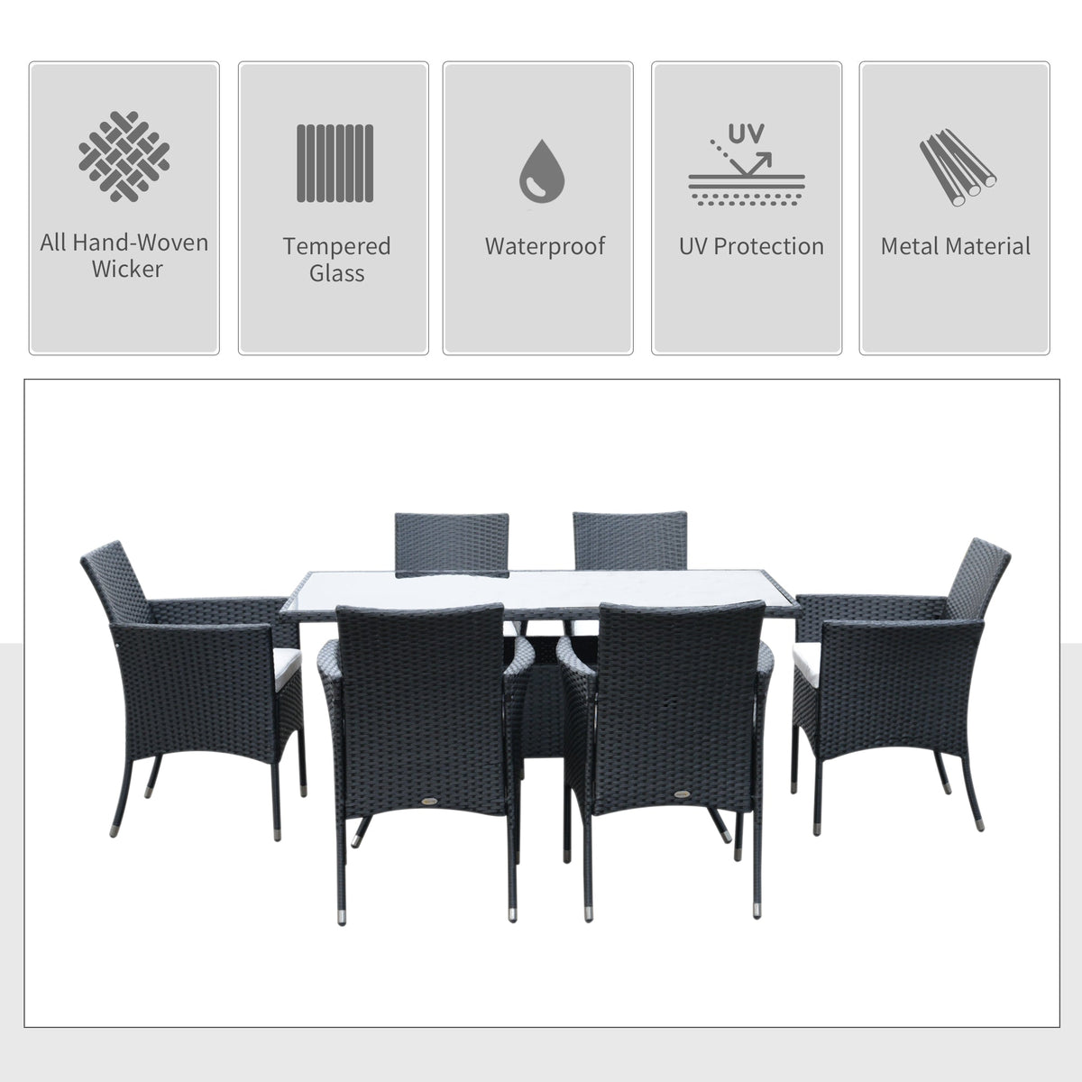 Black rattan dining set with six armchairs and a glass top table, with icons for materials and features