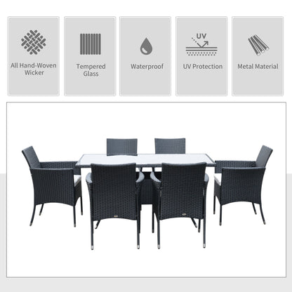 Black rattan dining set with six armchairs and a glass top table, with icons for materials and features