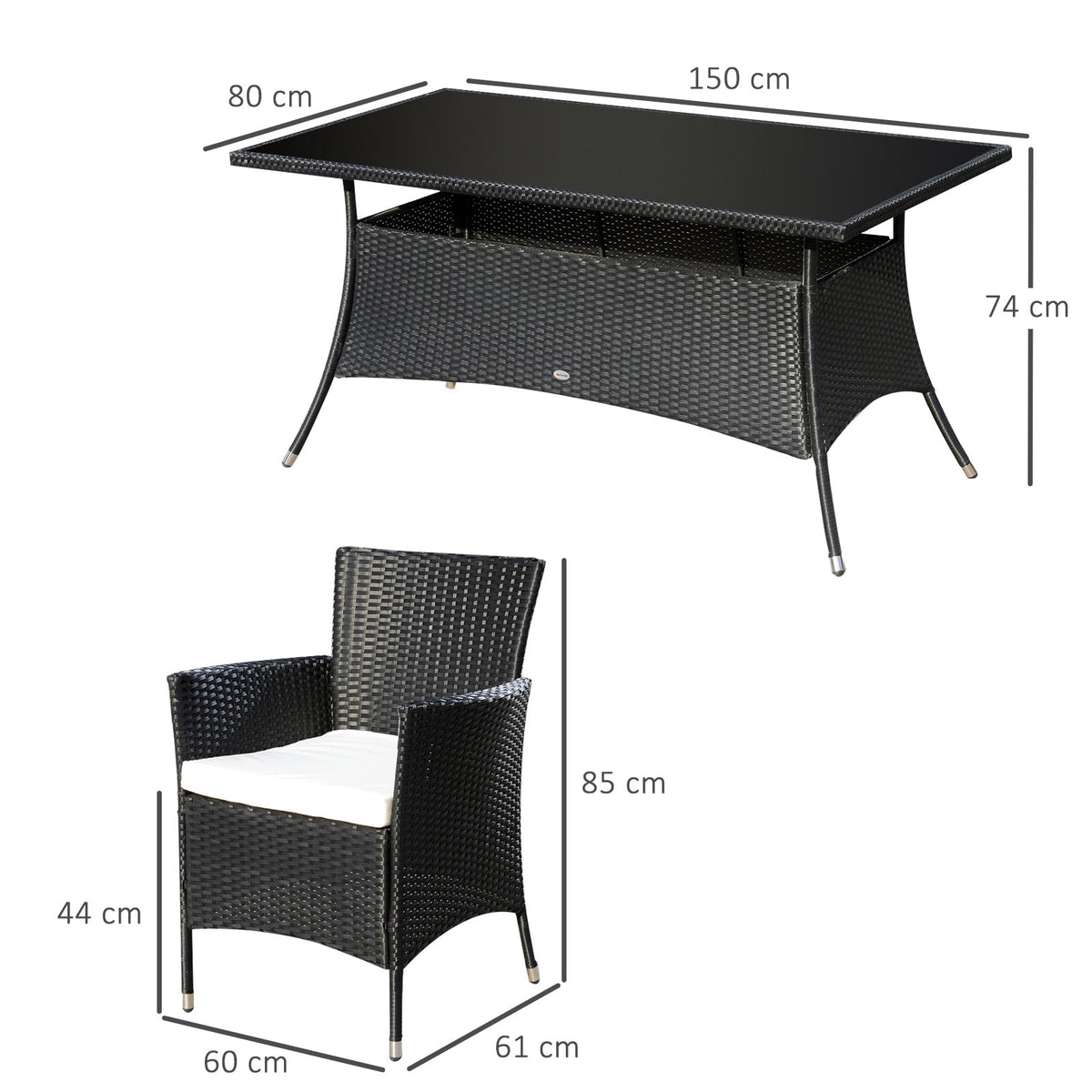 Dimensions of the black rattan dining set, showing a table and one armchair with measurements