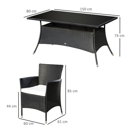 Dimensions of the black rattan dining set, showing a table and one armchair with measurements