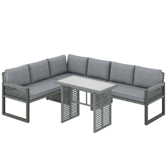 Outsunny 6 Seater Rattan Garden Furniture Set with grey cushions and a glass topped table