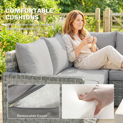 Close up of the comfortable cushions on the grey rattan furniture set, showing removable cover and soft filling