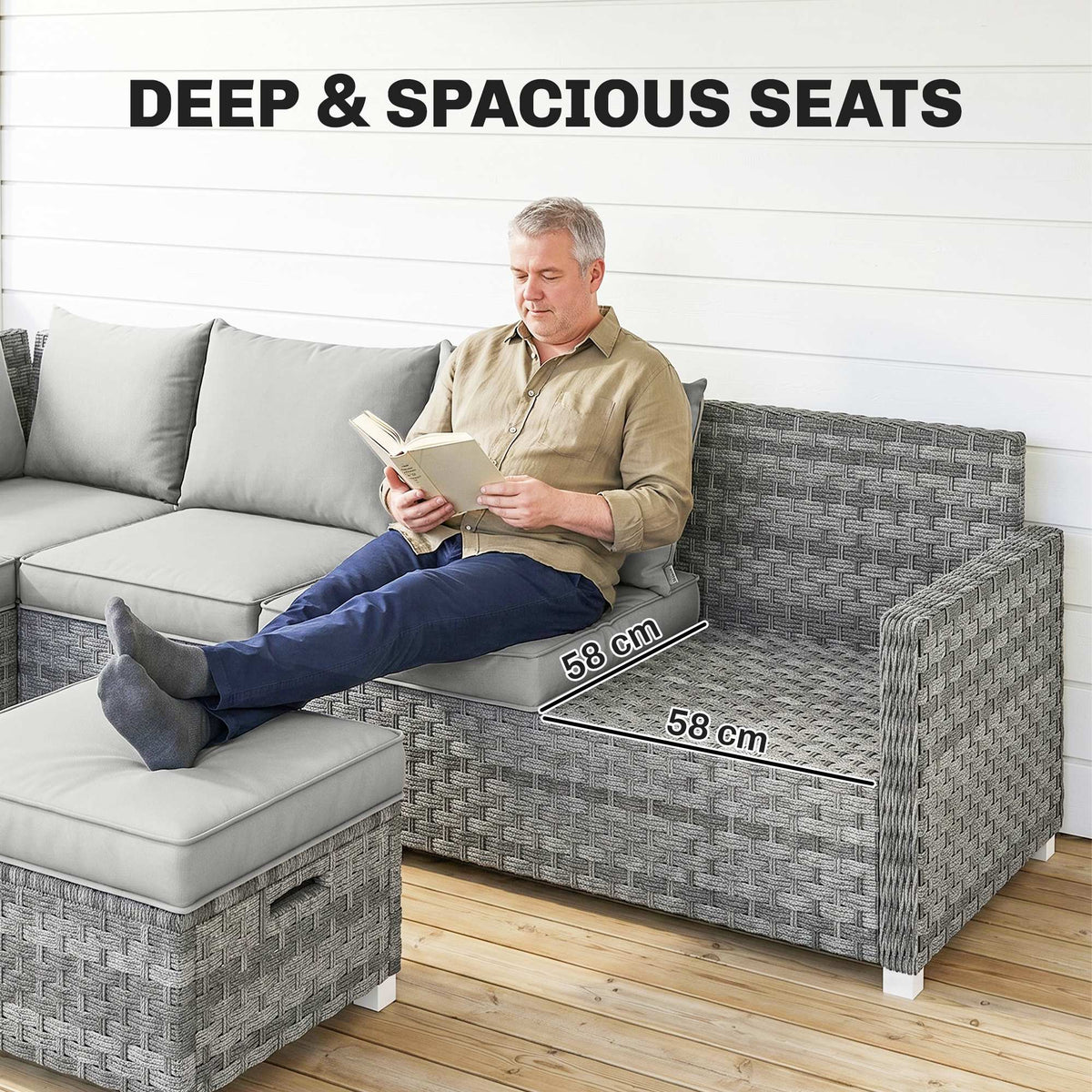Close up of the deep seats on the grey rattan furniture set