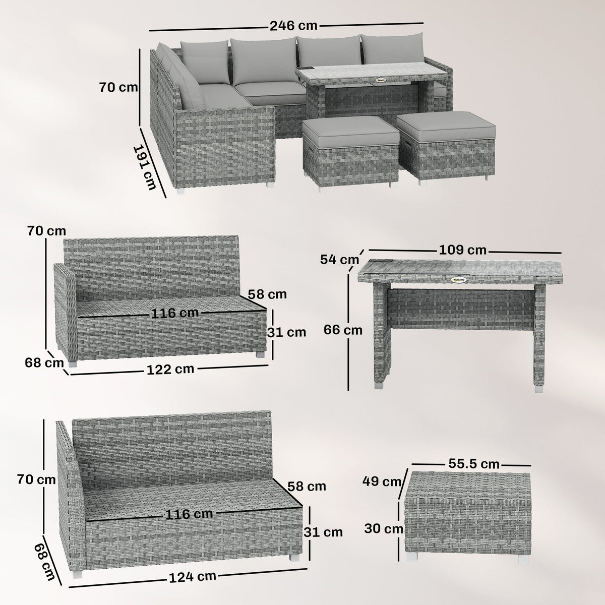 Dimensions diagram for the grey rattan furniture set and table
