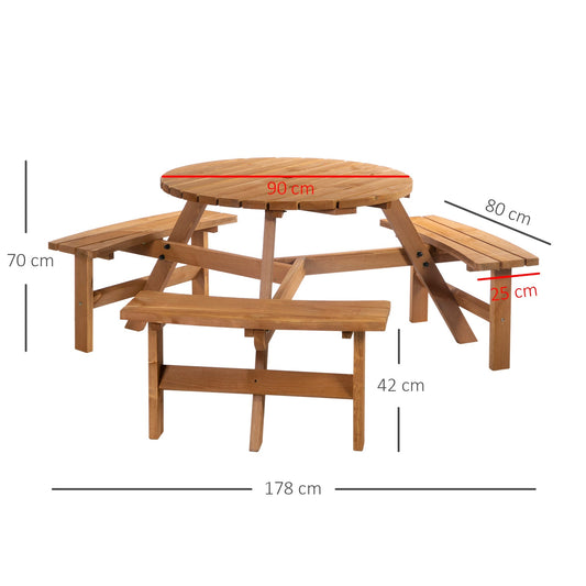 The round garden dining set with three benches has dimensions shown