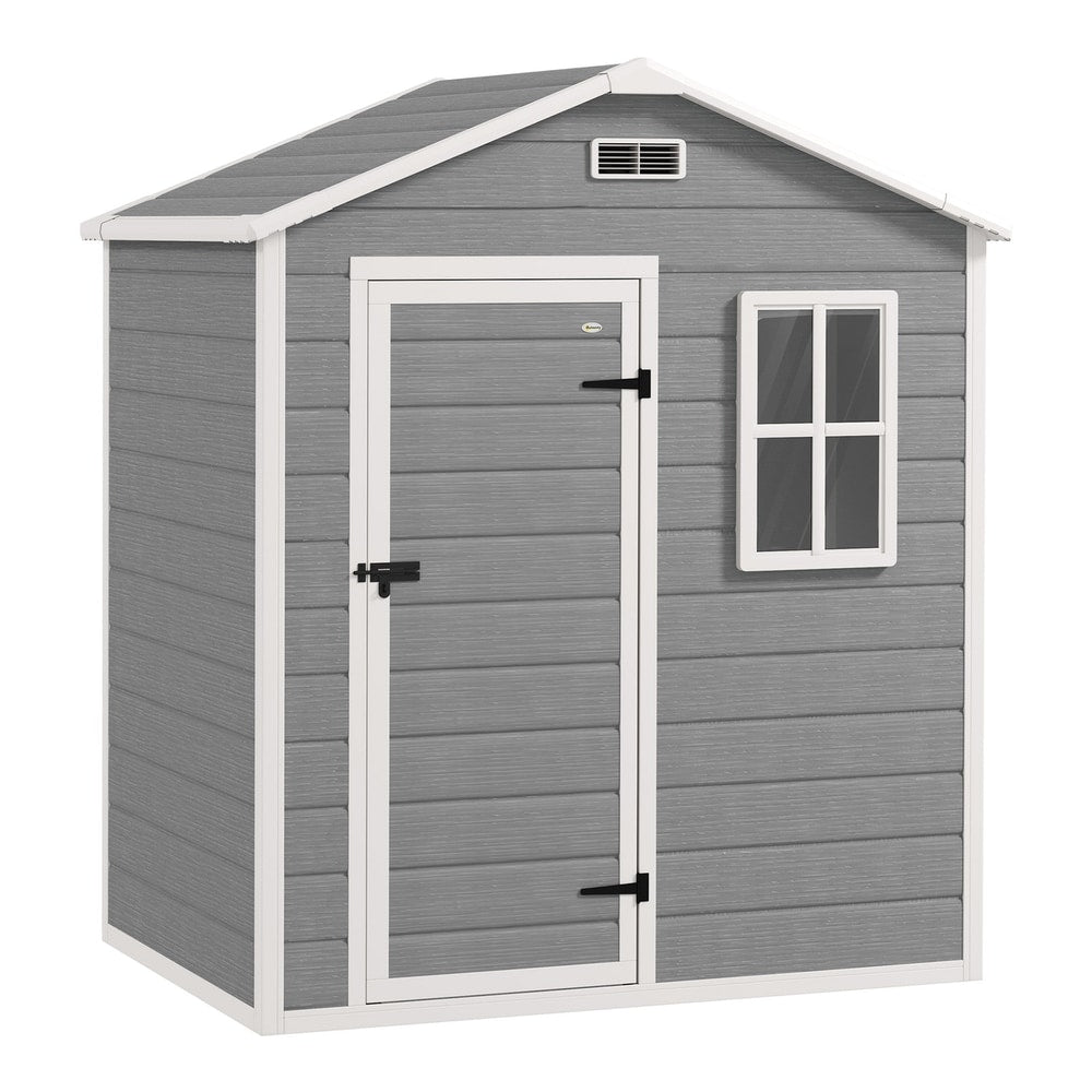 Outsunny Garden Shed, a grey plastic garden shed with a window and lockable door