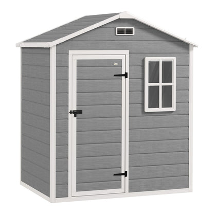 Outsunny Garden Shed, a grey plastic garden shed with a window and lockable door