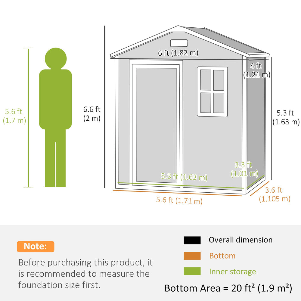 A diagram showing the dimensions of the grey plastic garden shed