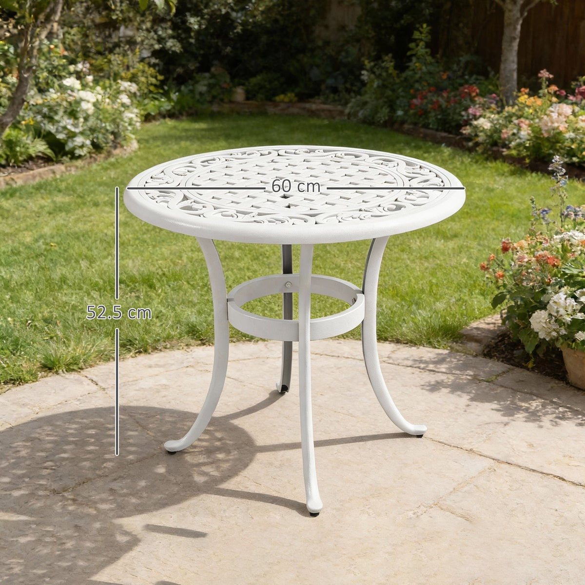 The garden table standing on a stone patio in a garden with dimension lines showing its size