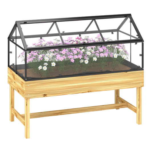 Outsunny Raised Garden Bed with Wooden Base featuring a transparent roof and blooming flowers