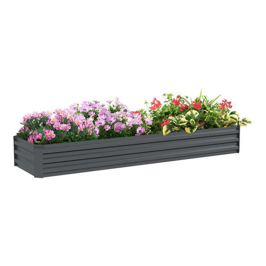 Outsunny Galvanised Steel Planter, a long rectangular garden bed filled with pink and red flowers
