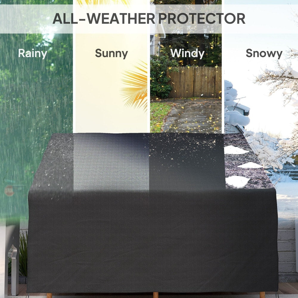 The all-weather protector is shown in rainy, sunny, windy and snowy conditions