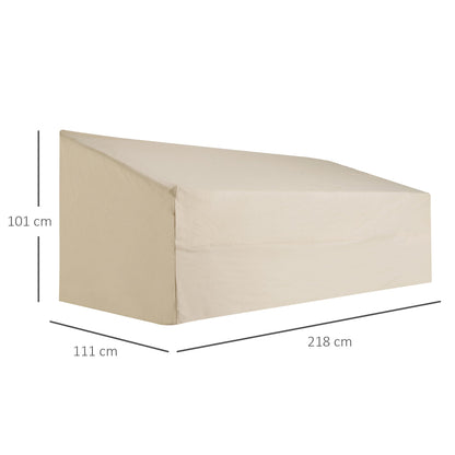 The beige outdoor furniture cover with size dimensions shown