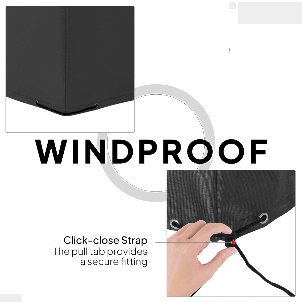 The outdoor furniture cover shows a click-close strap and pull tab for a secure fitting