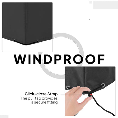 The outdoor furniture cover shows a click-close strap and pull tab for a secure fitting