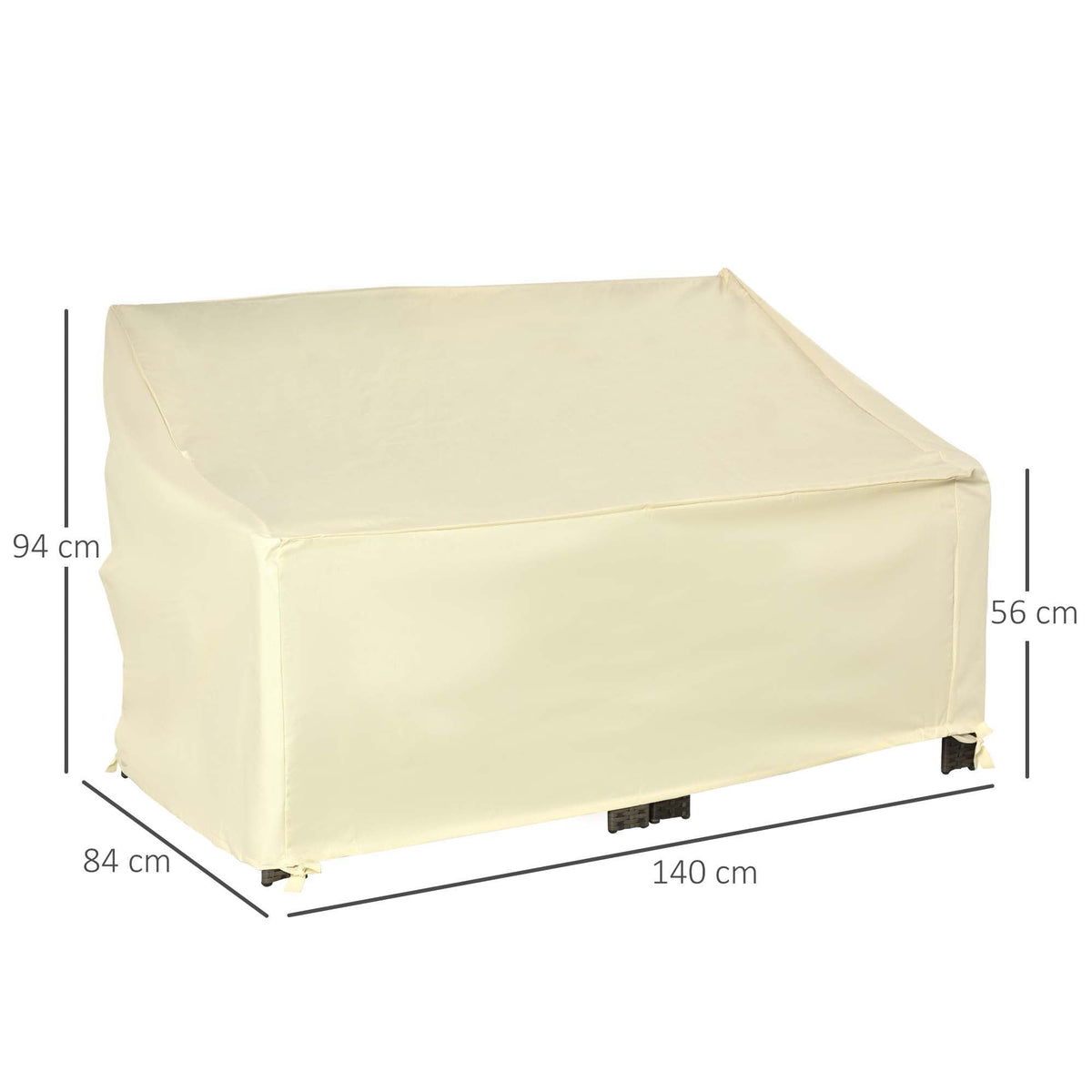 The beige garden sofa protector is shown with dimensions marked