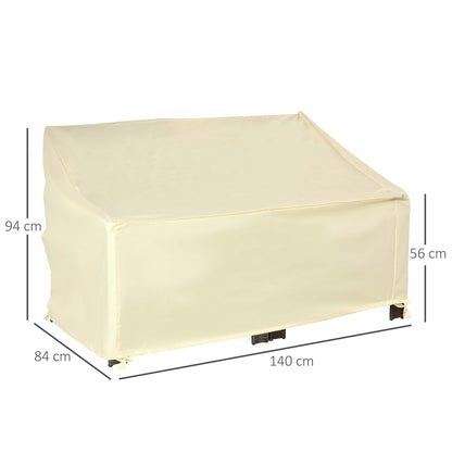 The beige garden sofa protector is shown with dimensions marked