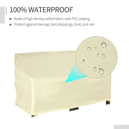 Close-up of the beige outdoor furniture protector showing water droplets on the fabric