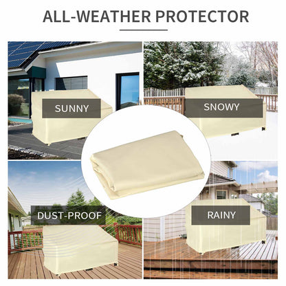Collage showing the beige outdoor furniture protector in different weather conditions