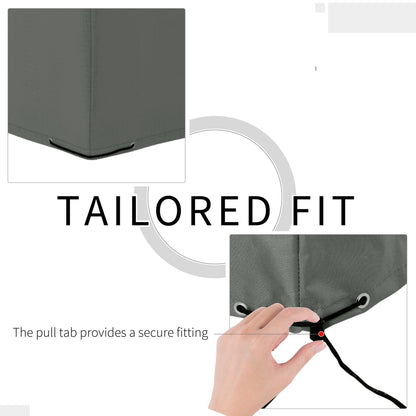 Close up of the outdoor furniture cover showing a pull tab and drawstring for a secure fit