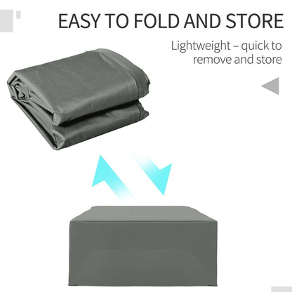 Folded grey outdoor furniture cover shown above a graphic of the cover on furniture