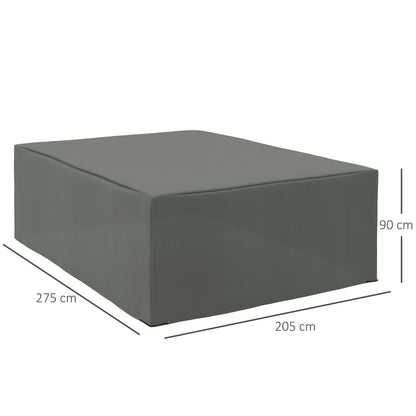 Grey outdoor furniture cover with dimensions 275cm by 205cm and 90cm height