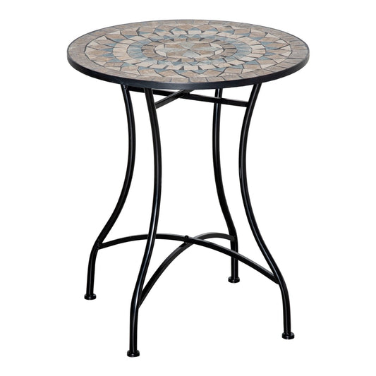 Outsunny Mosaic Outdoor Patio Table with a circular patterned top and black curved metal legs