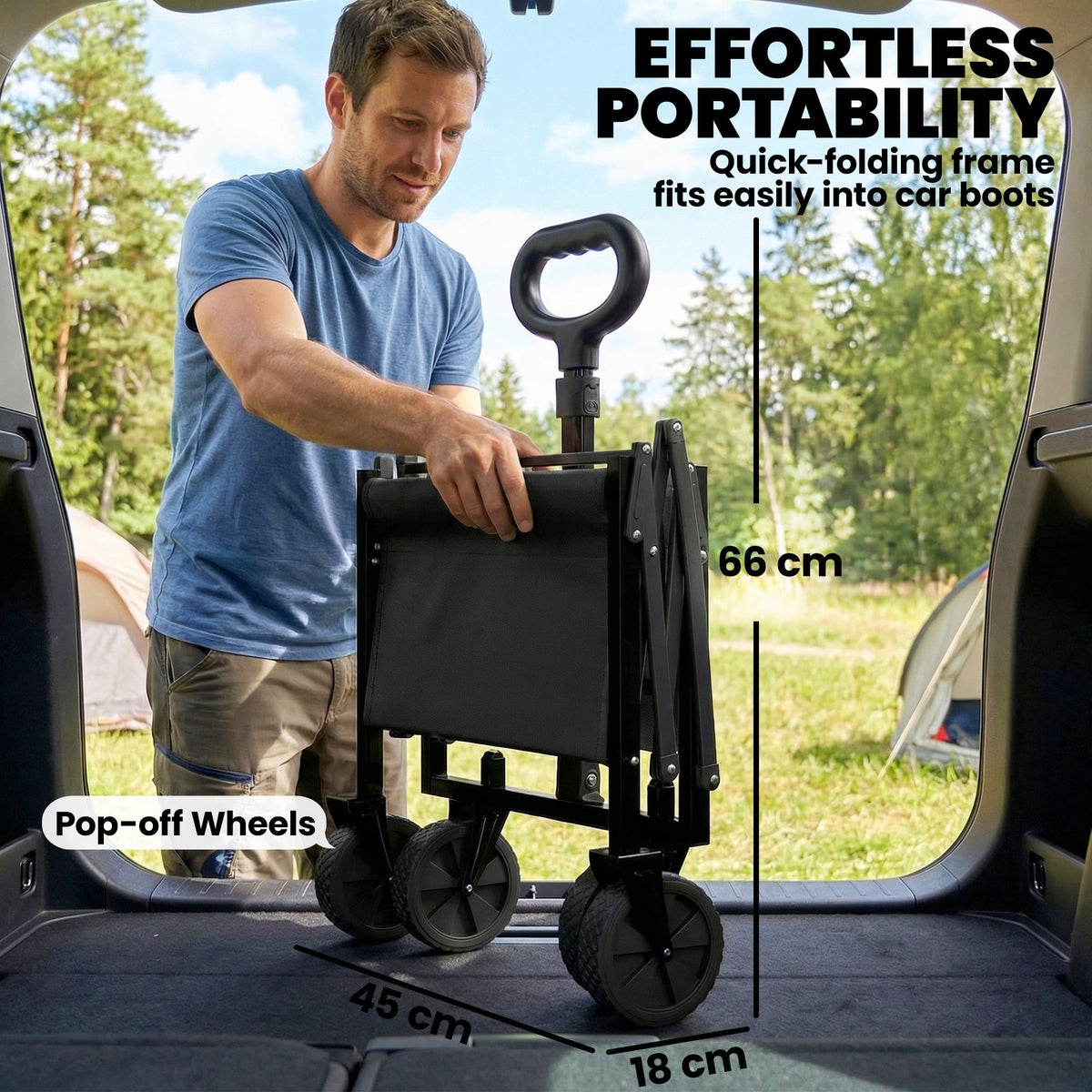 A man folding the black collapsible wagon cart inside the boot of a car, with dimensions shown