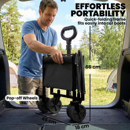 A man folding the black collapsible wagon cart inside the boot of a car, with dimensions shown