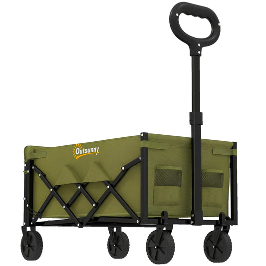 Outsunny 60L Foldable Festival Trolley on Wheels, a green collapsible wagon cart with a handle and four wheels