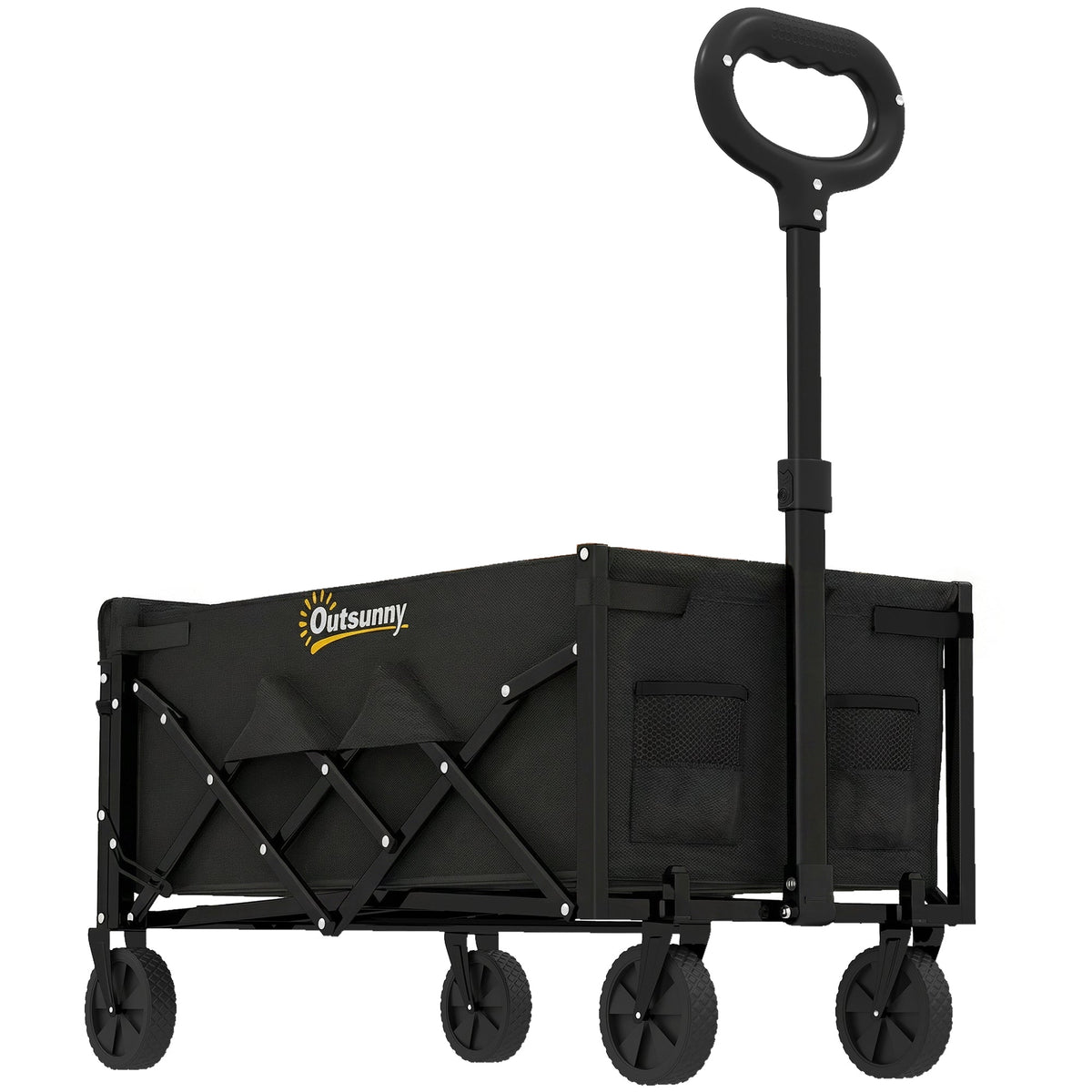 Outsunny 60L Foldable Festival Trolley on Wheels, a black collapsible wagon cart with four wheels and an adjustable handle