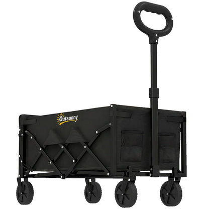 Outsunny 60L Foldable Festival Trolley on Wheels, a black collapsible wagon cart with four wheels and an adjustable handle