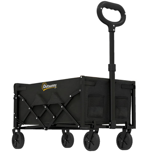 Outsunny 60L Foldable Festival Trolley on Wheels, a black collapsible wagon cart with four wheels and an adjustable handle