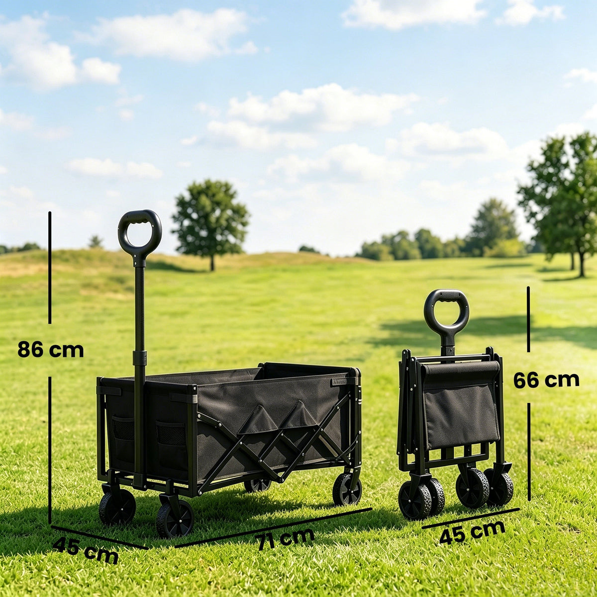 The black collapsible wagon cart shown open and folded next to each other with dimensions indicated
