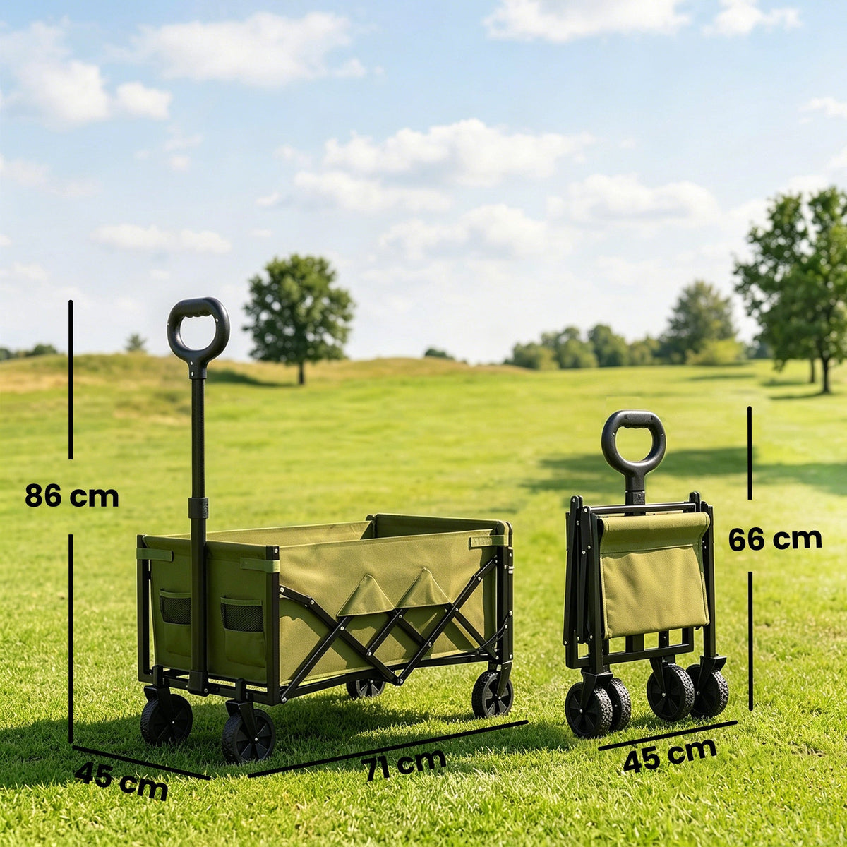 The green festival trolley shown open and folded next to each other with dimensions indicated