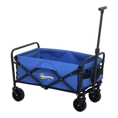 Outsunny 62L Festival Trolley on Wheels, a blue collapsible wagon with a black frame and wheels, shown from the front