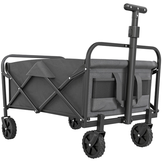 Outsunny 62L Festival Trolley on Wheels, a grey collapsible garden trolley cart with four wheels and an adjustable handle