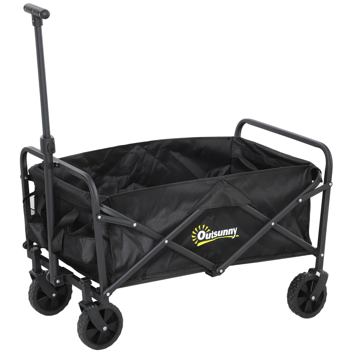 Outsunny 62L Festival Trolley on Wheels, a black folding garden trolley cart with four wheels and an adjustable handle
