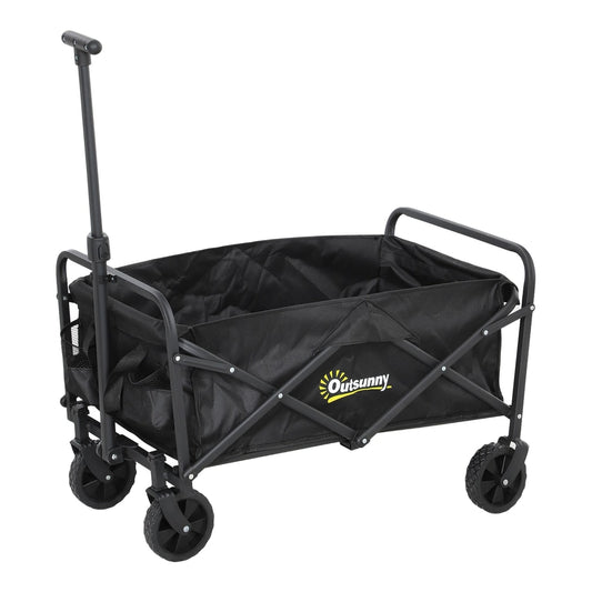Outsunny 62L Festival Trolley on Wheels, a black folding garden trolley cart with four wheels and an adjustable handle