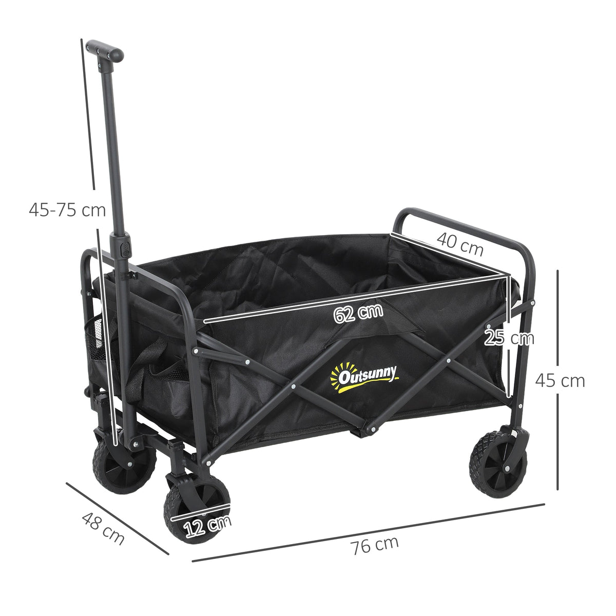 A diagram showing the dimensions of the folding garden trolley cart with measurements for height, width, and depth