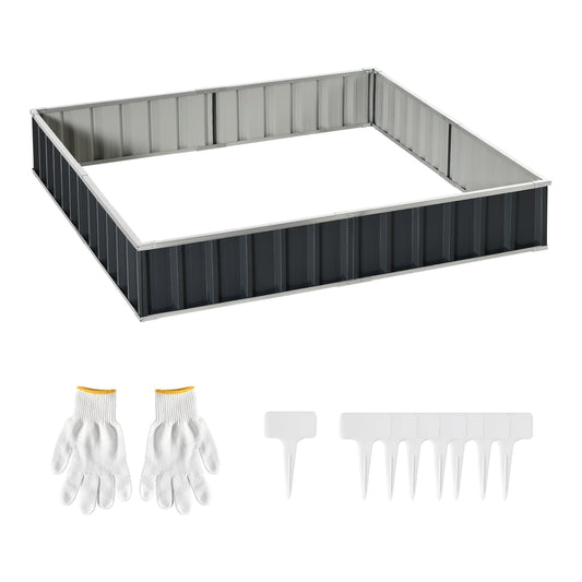 Outsunny 645L Metal Raised Garden Bed with gloves and plant labels
