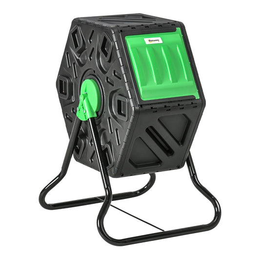 Outsunny 65L Garden Compost Bin, a hexagonal black composter with a green lid and handle, on a black metal stand