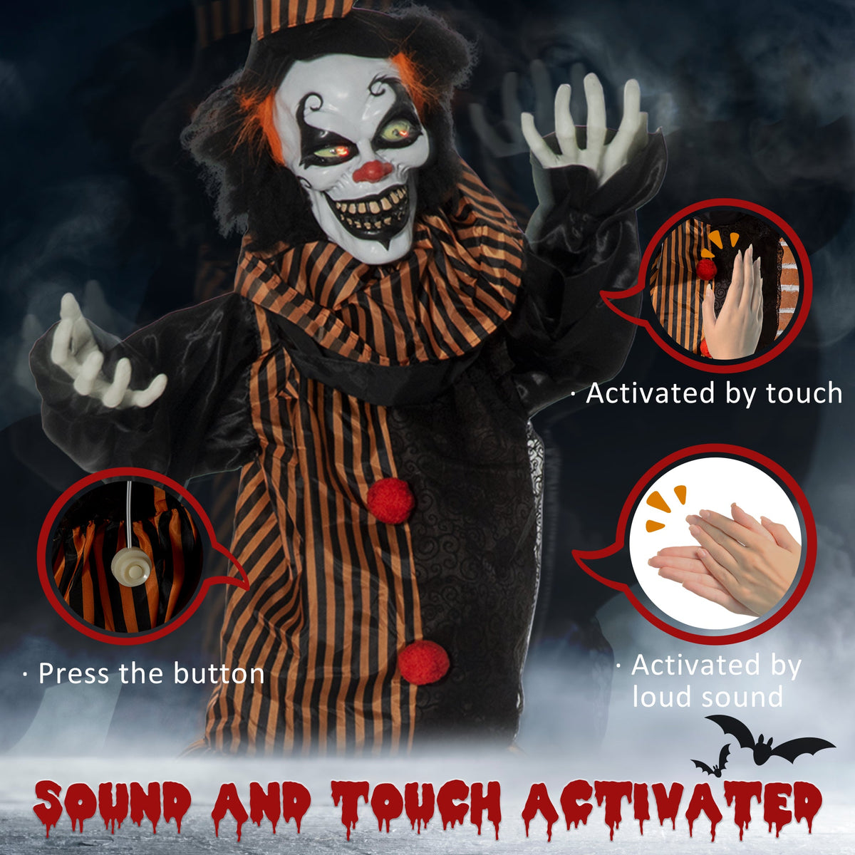 the animated prop decor clown with text explaining its sound and touch activation features