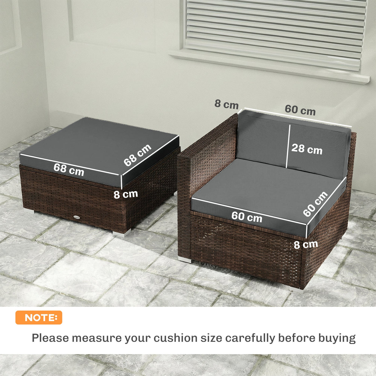 Outsunny 7-Piece Patio Furniture Cushions shown on rattan chairs with white dimension lines