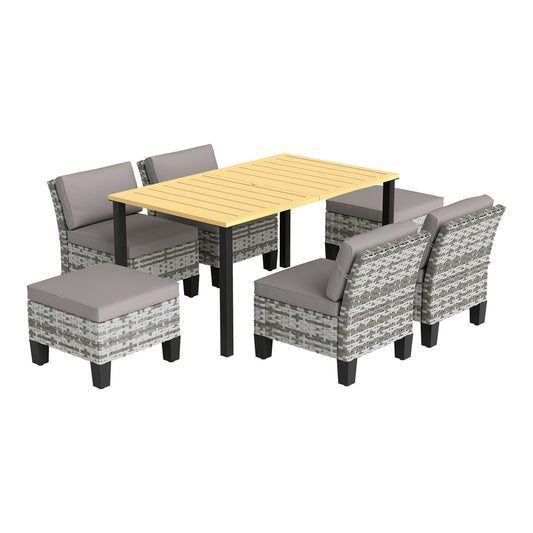 Outsunny Seven-Piece Rattan Dining Set with grey cushions and a light wood effect table