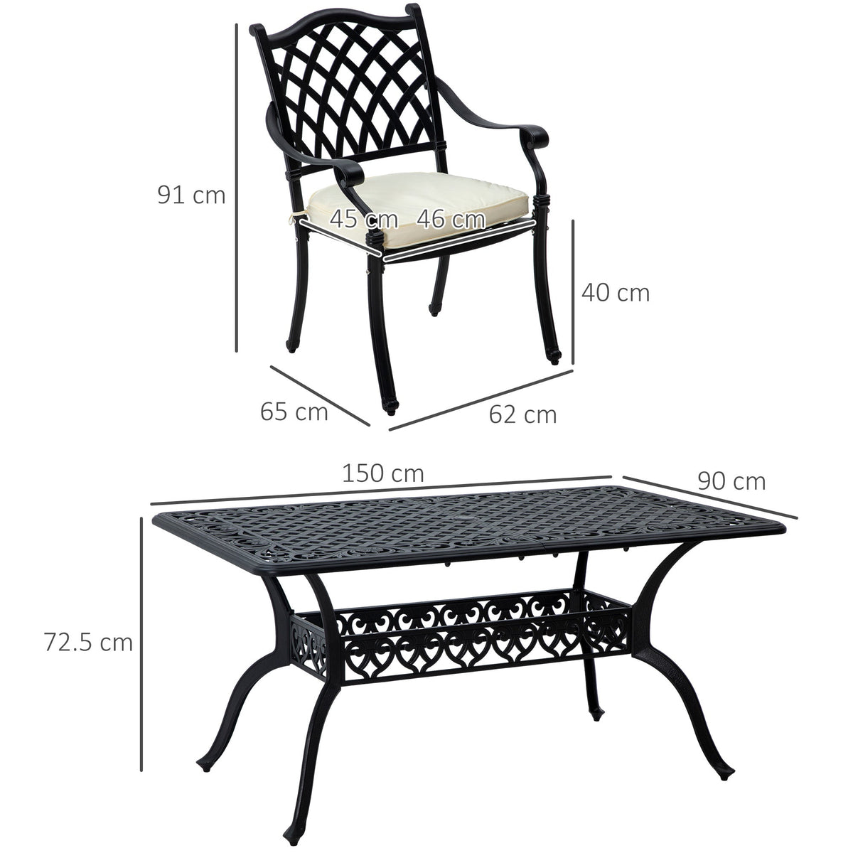 the garden dining set showing the dimensions of the chair and the table with a shelf underneath