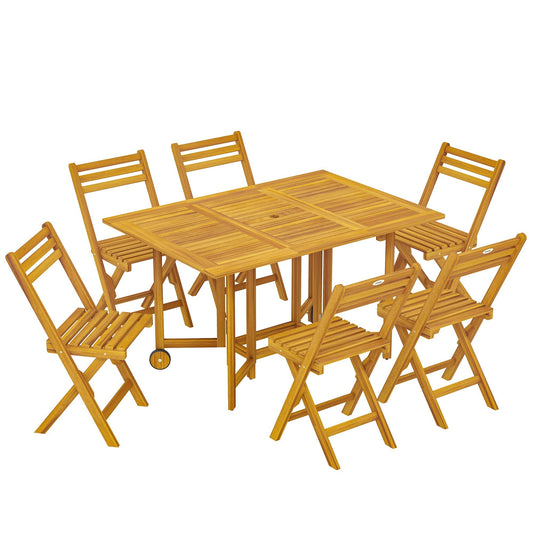 Outsunny 7 Pieces Garden Dining Set, a wooden table with six chairs set up on a white background