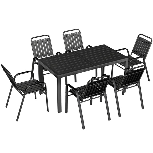 Outsunny 7 Pieces Outdoor Dining Set with Umbrella Hole, a metal table and six stackable chairs