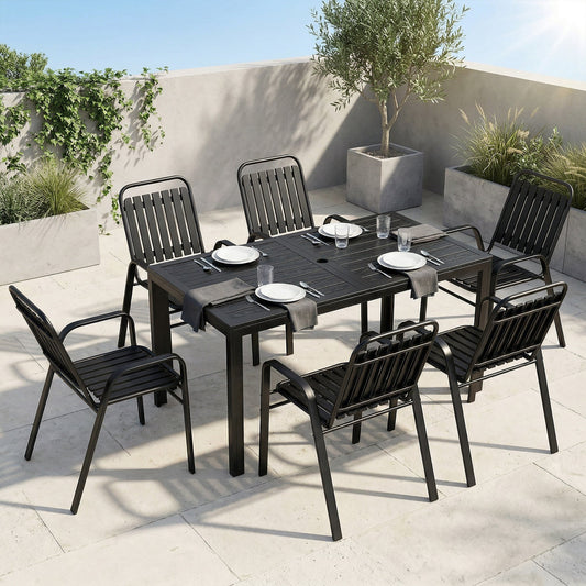 A garden dining set with a table and six chairs set for six people on a patio