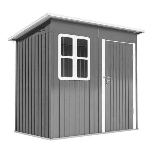Outsunny Eco-friendly Galvanised Steel Garden Shed, a grey structure with a white roof, a window and a door with a lock